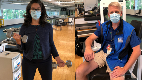 From left to right, photo of Renee Konidis and Robert Bertelink, Clinical Coordinators and Cardiac Rehab Supervisors at UHN's Cardiovascular Rehabilitation and Prevention Program. renee is holding two dumbells and wearing a mask and Robert is sitting in a chair.