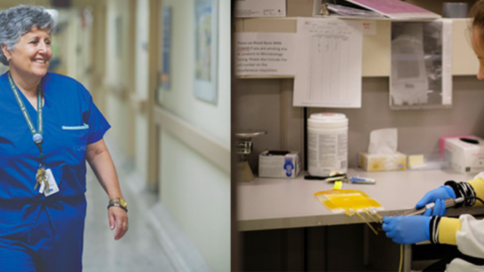 A UHN physician is walking in the hospital hallway beside a separate image of a researcher in the lab