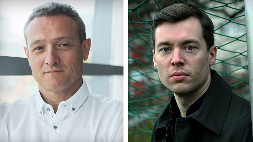 Dr. Igor Jurisica, (L) wearing a white collarded shirt and smiling into the camera. Beside Dr. Jurisica in a separate photo is Dr. Stian Bahr Sandmo, who is wearing a black collared shirt and black jacket outside in front of a green net.