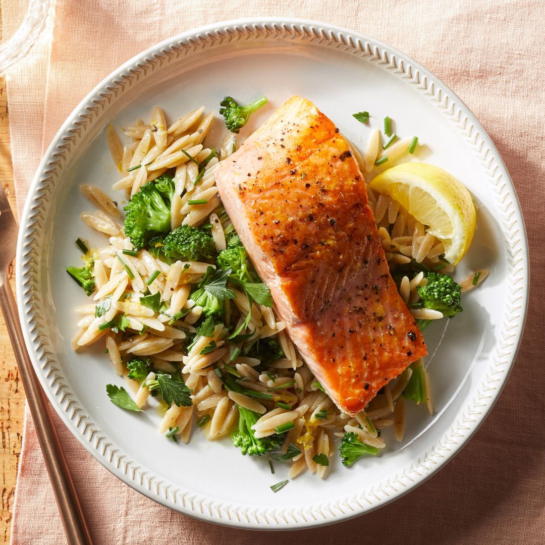 Salmon with lemon-herb orzo and broccoli
