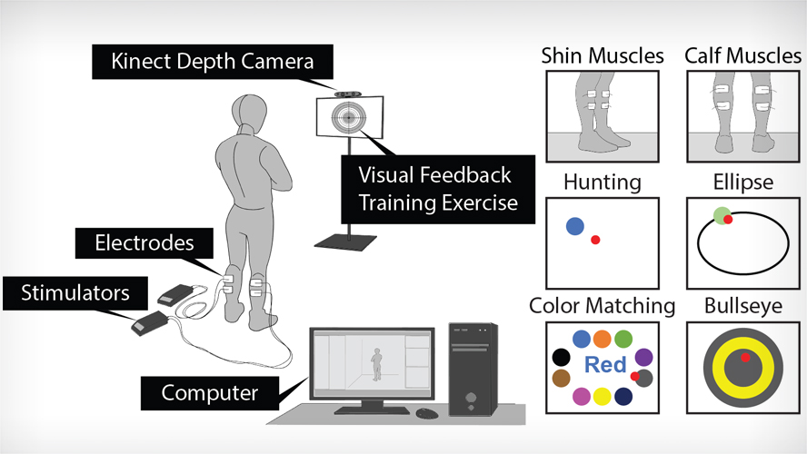 Diagram illustrating a visual feedback training exercise with a person standing on a platform, linked to electrodes and stimulators. Features include a Kinect Depth Camera monitoring the person, a computer displaying data, and diagrams on the right showing shin and calf muscles, hunting and ellipse motion patterns, and color matching with bullseye targets.