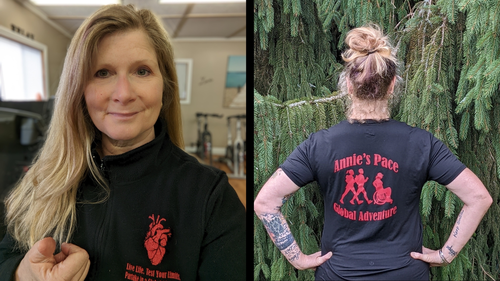 Annie Smith stands in a gym wearing a black turtleneck with a red heart and text logo on the left side in the first image; in the second image, Annie is seen from the back, outdoors, wearing a t-shirt featuring "Annie's Pace Global Adventure" logo, against a lush green hedge.
