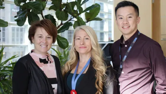 ​​​(L to R) Ina Cherepaha-Kantorovich, Karla Krogh Carrasco Jensen and Marco Cheung developed a successful pre-surgical smoking cessation program for lung cancer patients at UHN’s Toronto General Hospital, achieving a 46 per cent cessation rate before surgery. (Photo: UHN)​