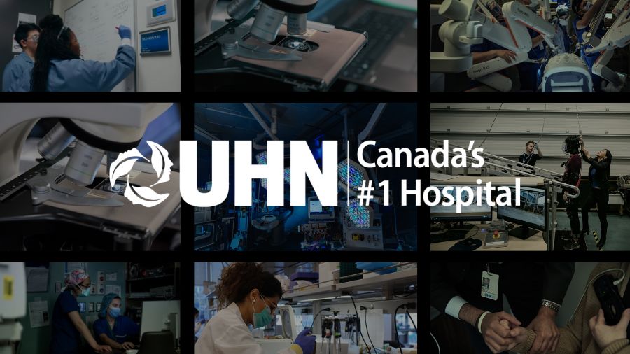 A group of images from UHN Research with a logo of UHN and Canada's #1 Hospital