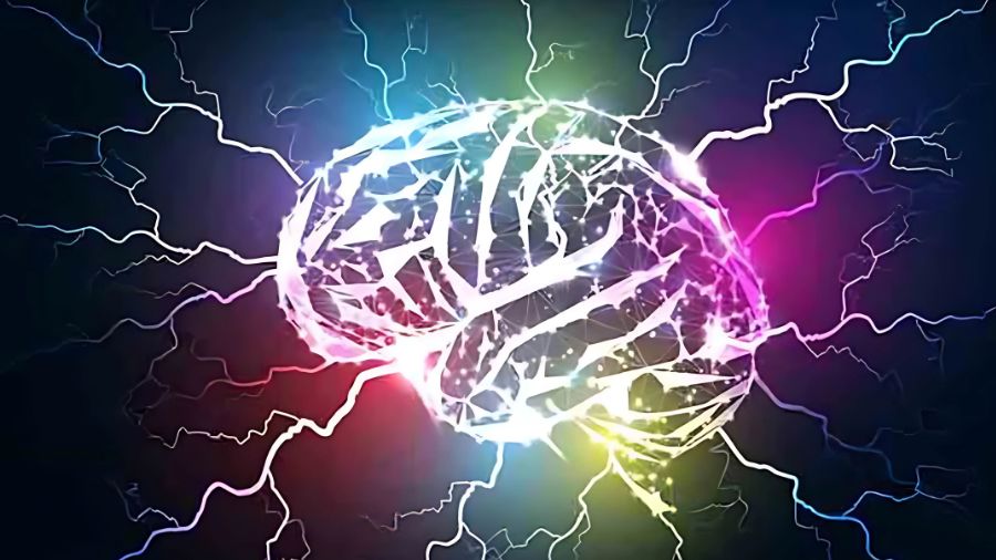 A brain with a colourful background and electricity coming from it