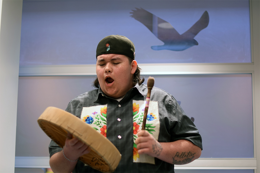 Kaeden Pelletier drumming at UHN's Toronto Western Hospital