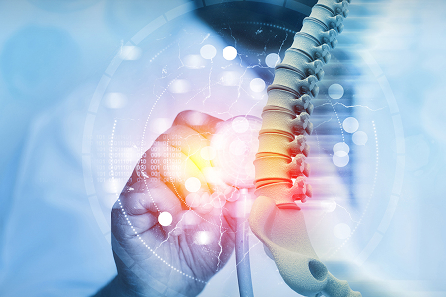 A spinal cord graphic with digital glass and a light shining through
